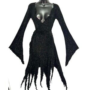 Trashy Lingerie Black Goth Bell Sleeve Wrap Dress Fairycore Shredded Hem Rare S